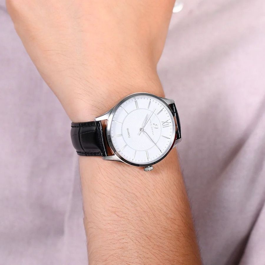 OROLOGIO UOMO IN ACCIAIO CINTURINO PELLE NERA E QUADRANTE BIANCO BU138