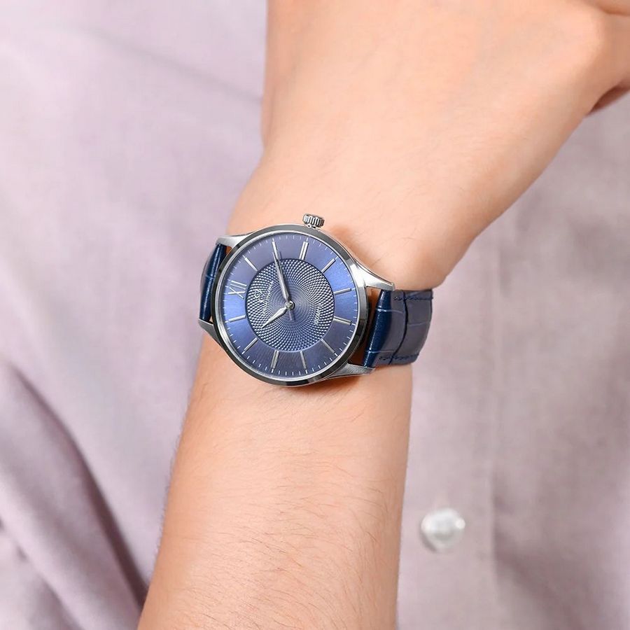 OROLOGIO UOMO IN ACCIAIO CINTURINO PELLE BLU BU137